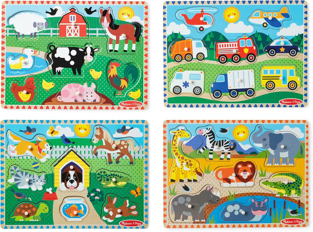 Melissa & Doug Juego de rompecabezas de clavijas de madera, paquete de 4 temas de vehículos, granja, safari y animales de mascotas, rompecabezas educativos para niños pequeños y preescolares a partir de 2 años