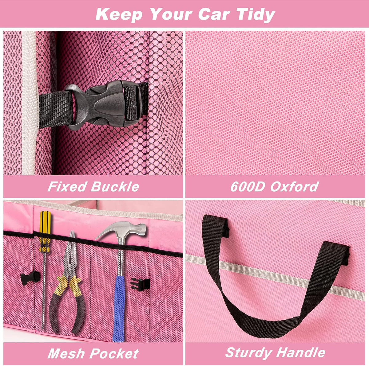 Organizador de maletero de automóvil con bolsa enfriadora individual, organizador de maletero de 3 compartimentos para automóvil, organizador de almacenamiento plegable para SUV (rosa)