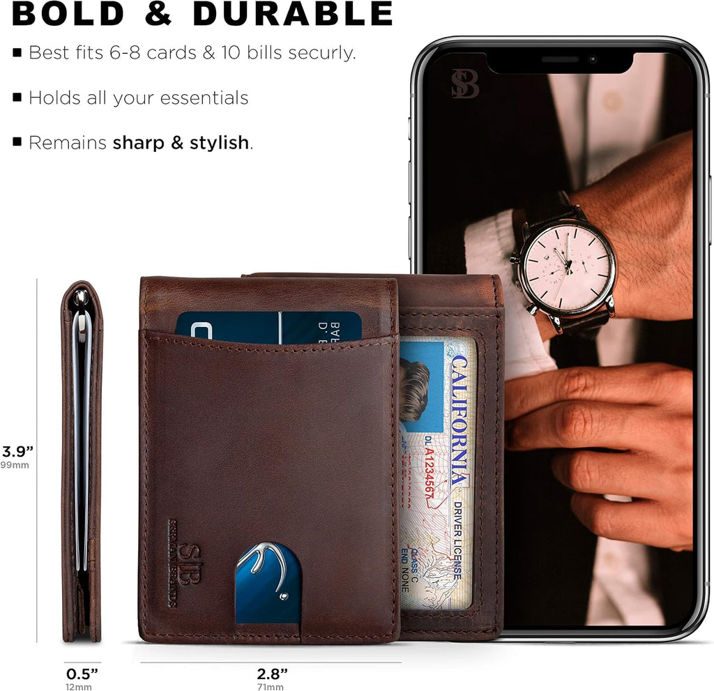 SERMAN BRANDS RFID Blocking Cartera Bifold Delgado de Cuero Genuino Minimalista para Hombre con Clip para Billetes Delgado para Regalo