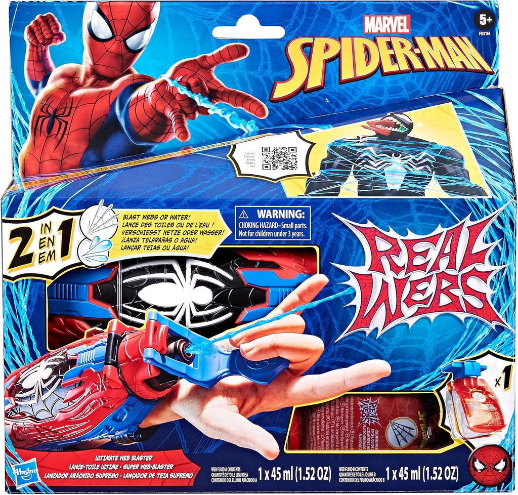 Marvel Spider-Man Real Webs Ultimate Web Blaster, lanzador 2 en 1, juguete de juego de rol, disfraz de Spider-Man, juguetes de Spider-Man para niños de 5 años en adelante