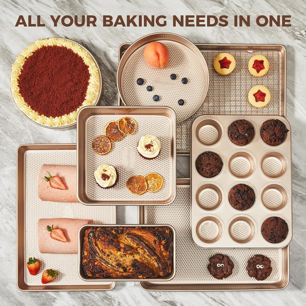 Juego de 9 moldes para hornear antiadherentes, apilables no tóxicos con textura de diamante, juego de bandejas para horno para cocinar, incluye bandeja para galletas con rejilla, molde para