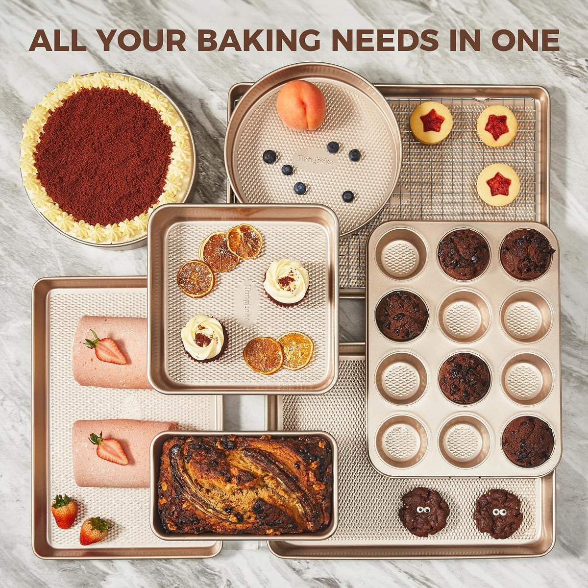 Juego de 9 moldes para hornear antiadherentes, apilables no tóxicos con textura de diamante, juego de bandejas para horno para cocinar, incluye bandeja para galletas con rejilla, molde para