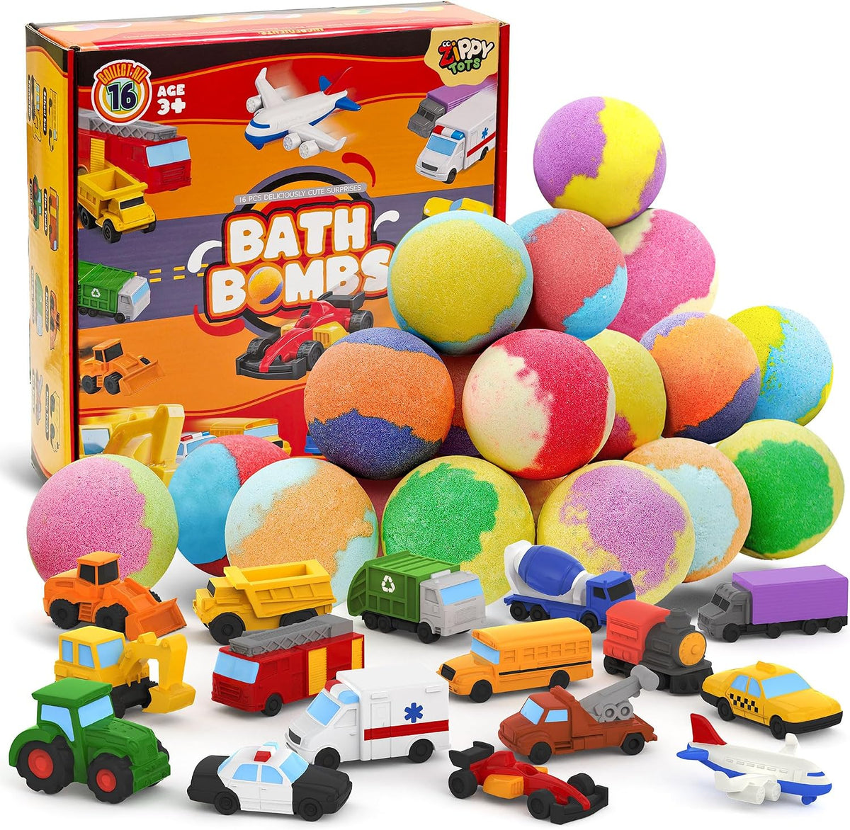 Bombas de baño para niños con juguetes de vehículos en el interior, paquete de 16 gases de baño sorpresa, bombas de baño de burbujas orgánicas para niñas y niños a partir de 3 años, 8 aromas