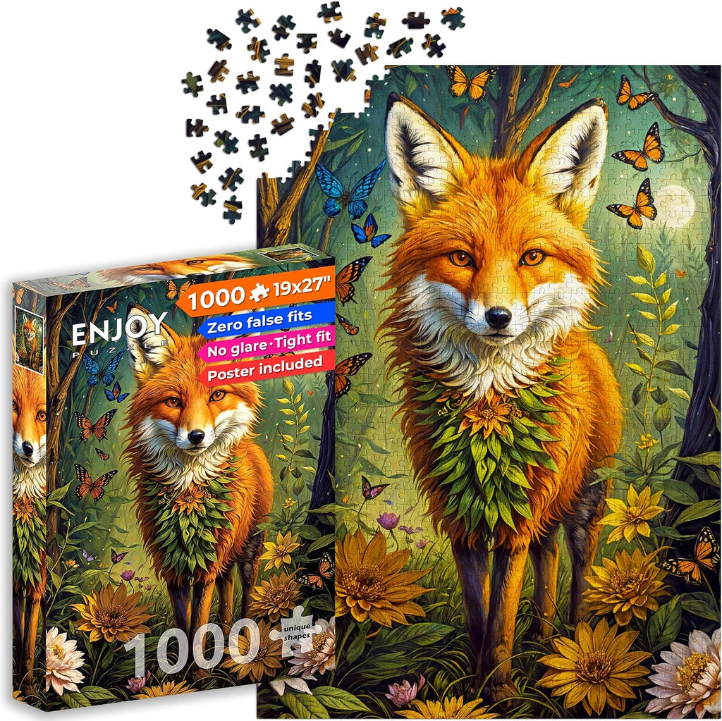 Lámpara Rompecabezas de 1000 piezas para adultos, zorro mágico en bosque floral, acabado mate antirreflejo, rompecabezas divertido y desafiante, 27 x 19 pulgadas, regalo único, disfruta