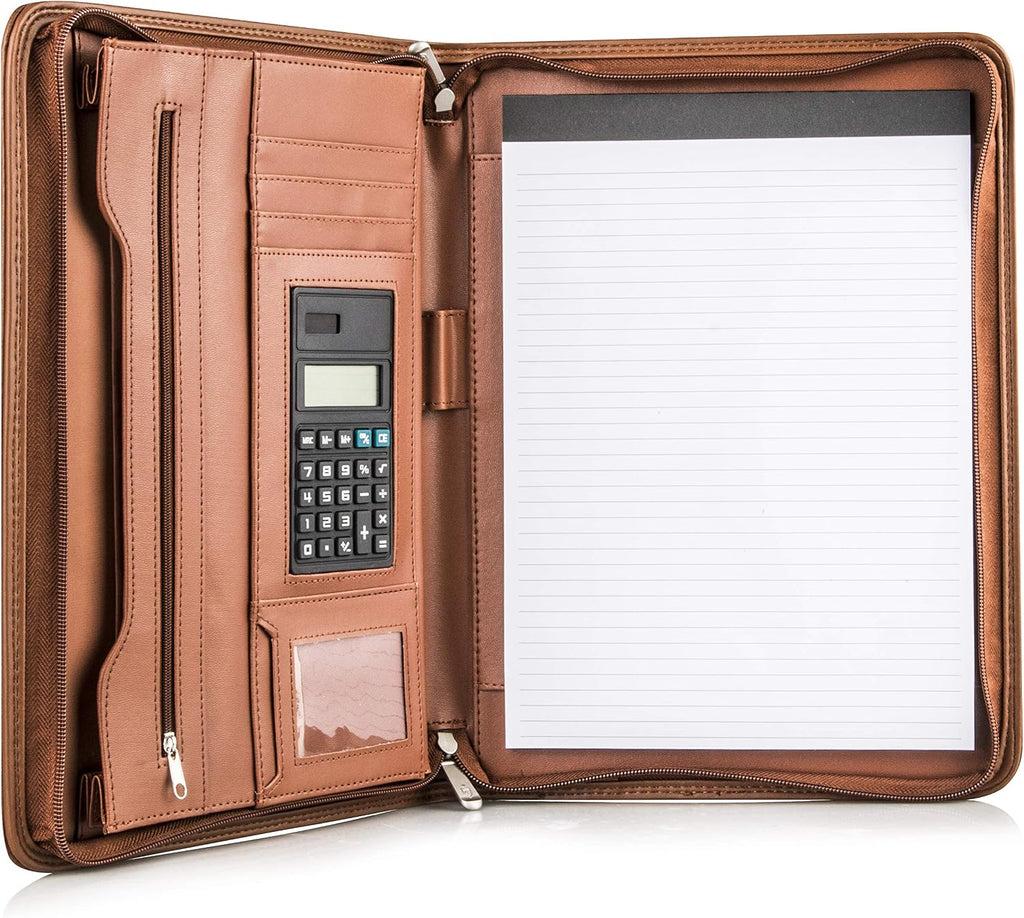 Cossini portafolio comercial / portadocumentos de cuero PU premium con cierre y funda interior para tableta de 10.1 pulgadas (Incluye: pad de escritura, calculadora, lapicera y eBook)