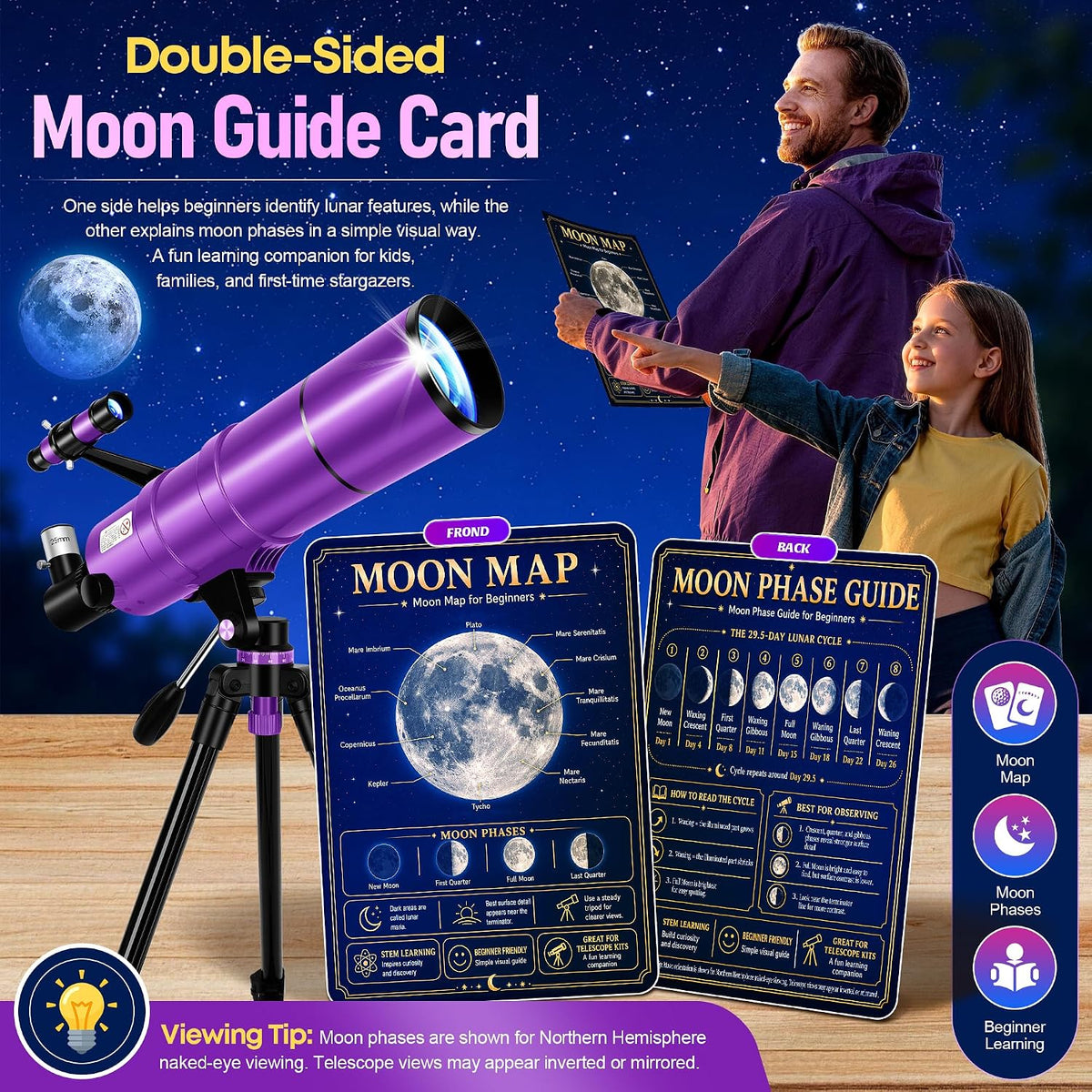 Telescopio para Adultos y Niños, Abertura de 90 mm y 600 mm de Refractor para Principiantes de Astronomía, Telescopio portátil de viaje con Trípode, Adaptador para teléfono, Filtro lunar, Bolsa de transporte y Guía de fases de la Luna