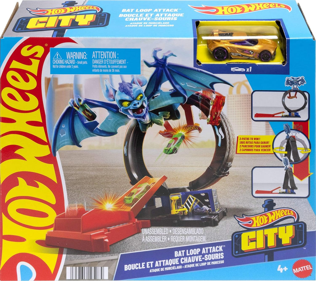 Hot Wheels City Bat Loop Attack Playset y coche de juguete a escala 1:64