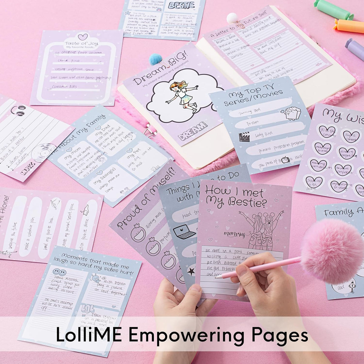 HAPPY LOLLI Pink LolliME - Kit de diario de bricolaje para adolescentes y niñas de 8 a 14 años, regalo de cumpleaños, juego de diario con cerradura de 300 piezas, artes y manualidades, álbum de recortes y diario creativo