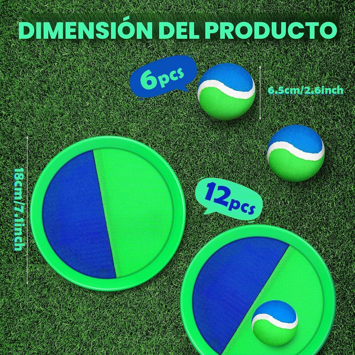 Charniol Juego de lanzar y atrapar para niños, verde y azul, 12 paletas y 6