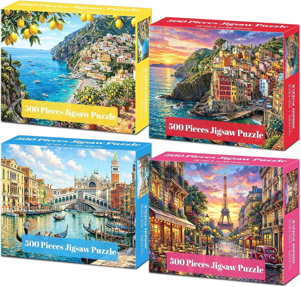 Paquete de 4 rompecabezas de 500 piezas para adultos, rompecabezas de 500 piezas de Italia Cinque Terre Amalfi Coast para adultos, 500 piezas, Torre Eiffel de París, puente de Venecia, Rialto