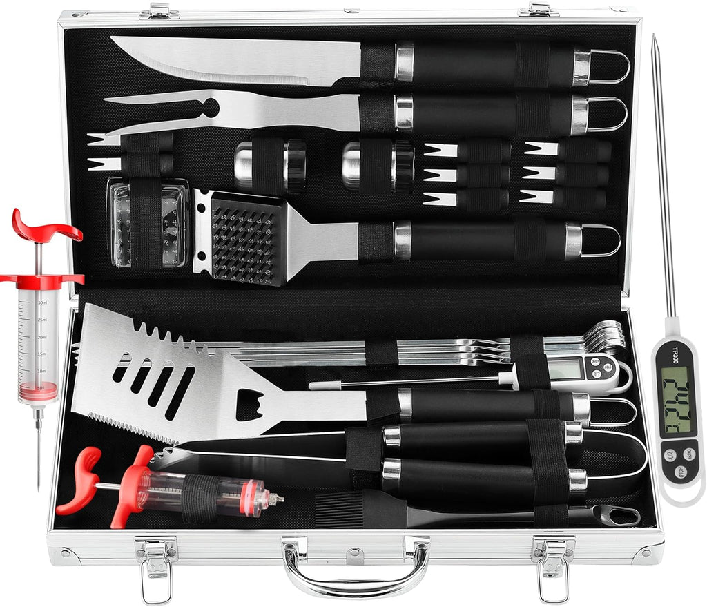 Juego de 24 Piezas de Herramientas para Parrilla BBQ con Termómetro de Carne e Inyector - Tenedor de Acero Inoxidable Extra Grueso, Espátula y Pinzas - Accesorios Completos para BBQ en