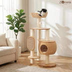Árbol de gato moderno, torre para gatos con poste rascador, nidos y cestas de calabaza tejidas a mano, manta de sisal