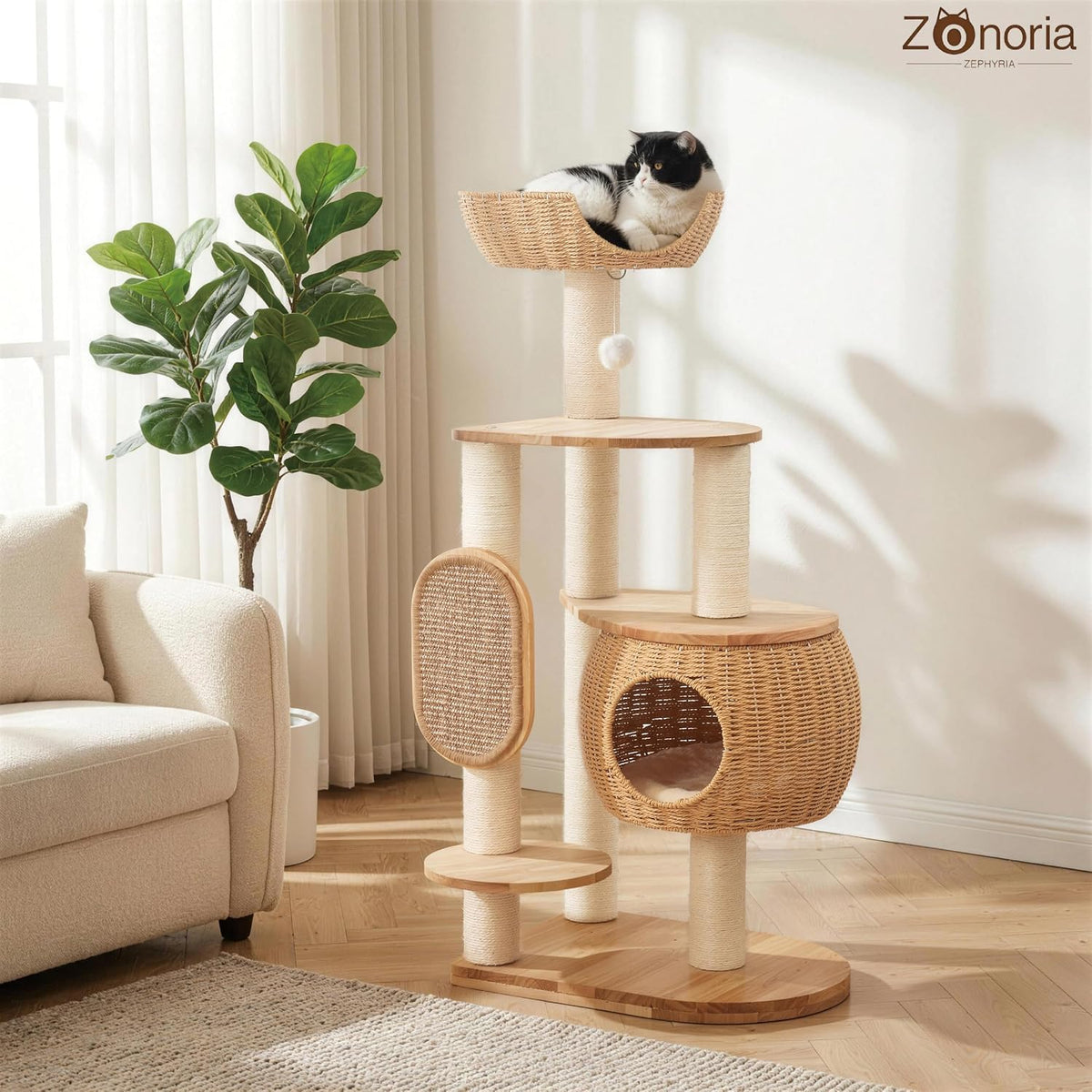 Árbol de gato moderno, torre para gatos con poste rascador, nidos y cestas de calabaza tejidas a mano, manta de sisal