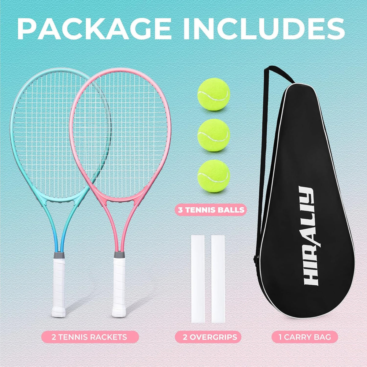 HIRALIY Juego de raquetas de tenis de 27 pulgadas para adultos, raquetas de tenis preencordadas para 2 jugadores, 2 cintas de sobreagarre, 3 pelotas y 1 bolsa de transporte, deporte recreativo al aire