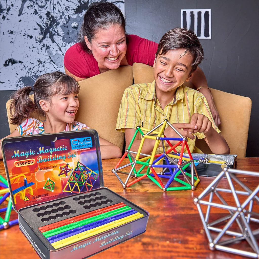 CMS MAGNETICS - (156 piezas de caja de lata de juguete de construcción con imanes multicolores, juego de palos de construcción, actividad educativa de aprendizaje STEM para el desarrollo cerebral,