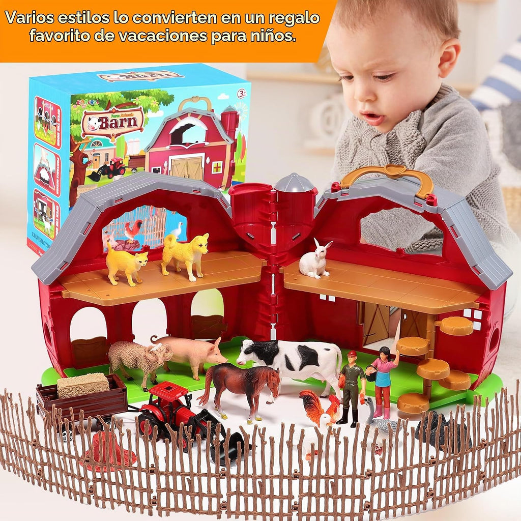 EnAuRoL Red Barn - Juguetes de animales de granja, 28 figuras de animales y tractor de granja, juguetes educativos de aprendizaje para niños pequeños y niños de 3, 4, 5 años, regalo de festival de cumpleaños