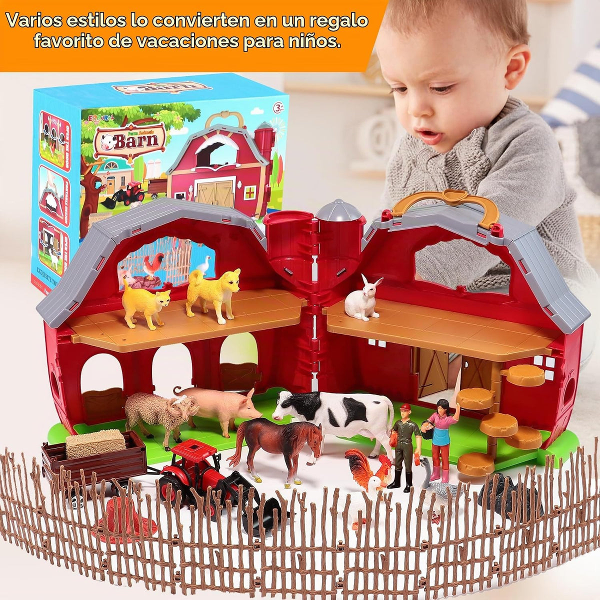 EnAuRoL Red Barn - Juguetes de animales de granja, 28 figuras de animales y tractor de granja, juguetes educativos de aprendizaje para niños pequeños y niños de 3, 4, 5 años, regalo de festival de cumpleaños