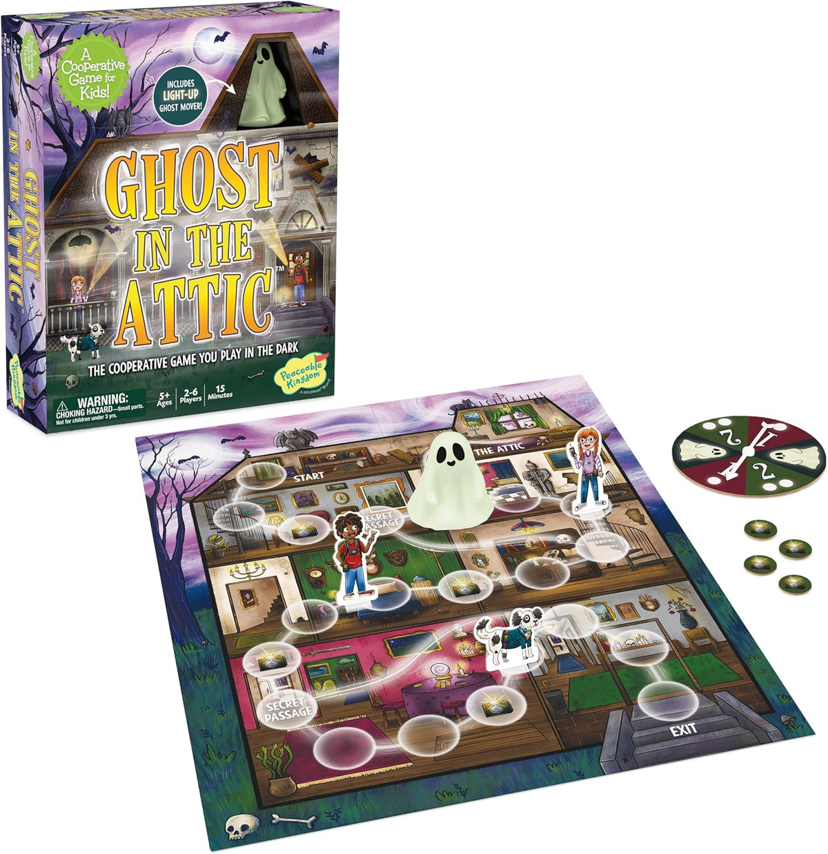 Peaceable Kingdom Ghost in the Attic - Juego de mesa cooperativo para la noche de juegos familiares - Juego de mesa único que brilla en la oscuridad - Ideal para niños a partir de 5 años