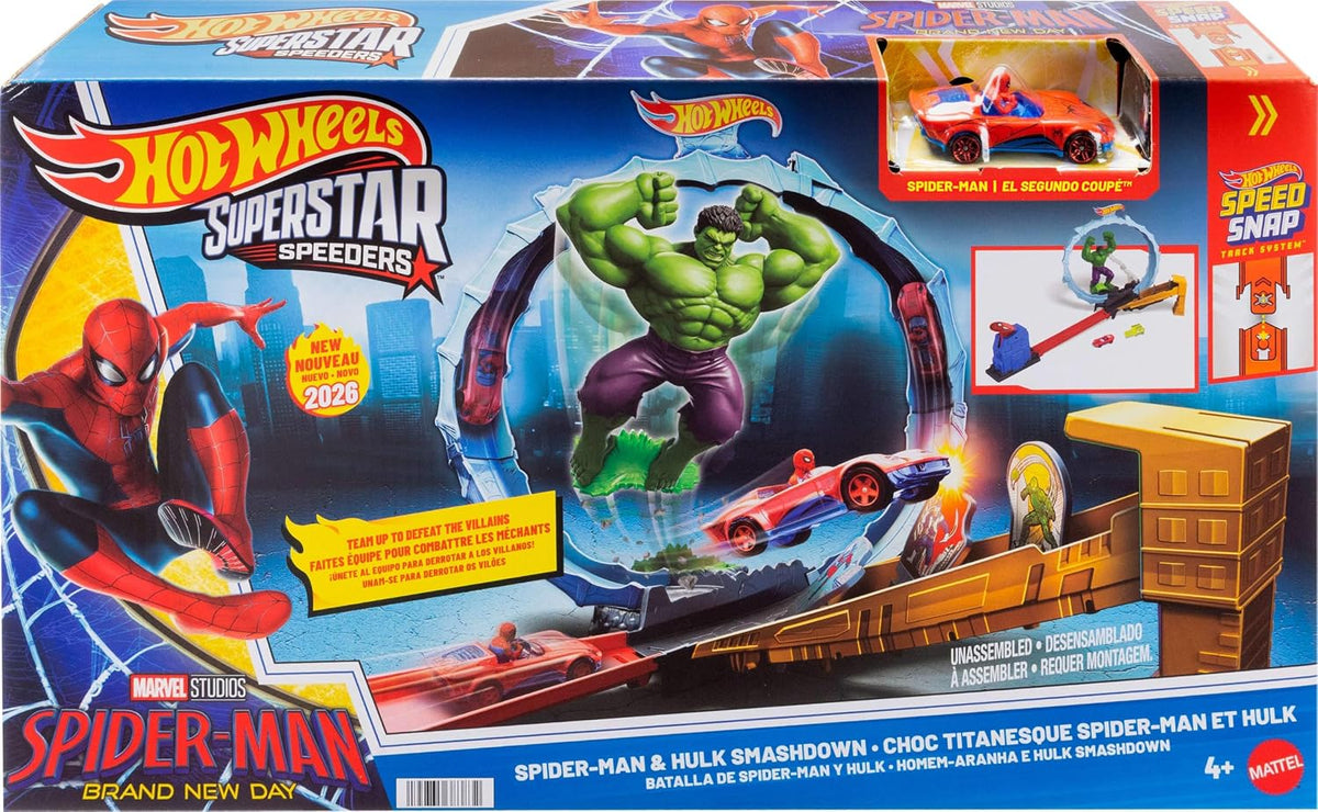 Hot Wheels Juego de pistas de autos de juguete, Spider-Man y Hulk Smash Down con 1 vehículo de superestrella fundido a presión, carrera a través de un bucle para derrotar a los villanos