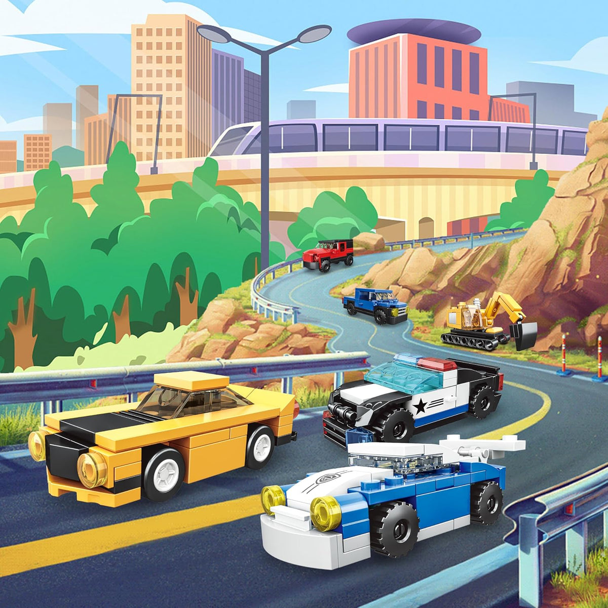Paquete de 16 bloques de construcción para niños, compatibles con Lego 2 en 1, 710 piezas de kits de construcción de mini ciudad, incluye coche de policía y tren, regalos de juguete de Navidad