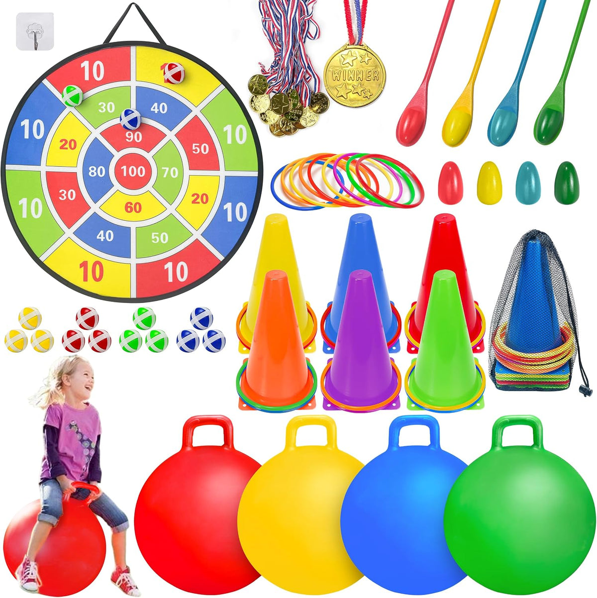 LINAYE Juego combinado de juegos de carnaval, actividades al aire libre, césped, patio, reunión familiar, festival de otoño, bolas de tolva, tablero de dardos para niños, lanzamiento de anillo, huevo y cuchara para fiesta de cumpleaños de niños
