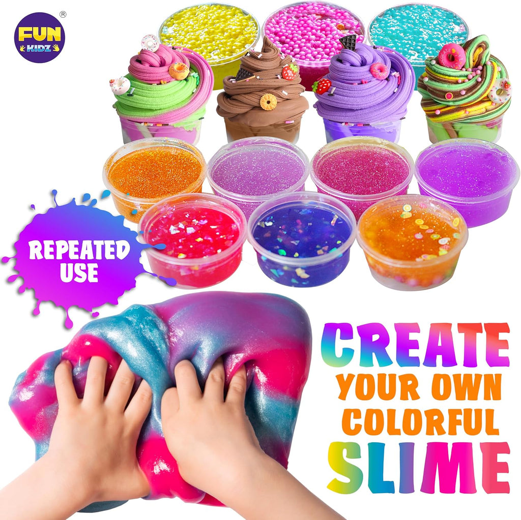 FunKidz - Kit de 33 tazas de slime jumbo para niños, paquete de slime prefabricado para bricolaje, suave, nube, transparente, mantequilla, purpurina, brillando en la oscuridad, kits de fabricación de