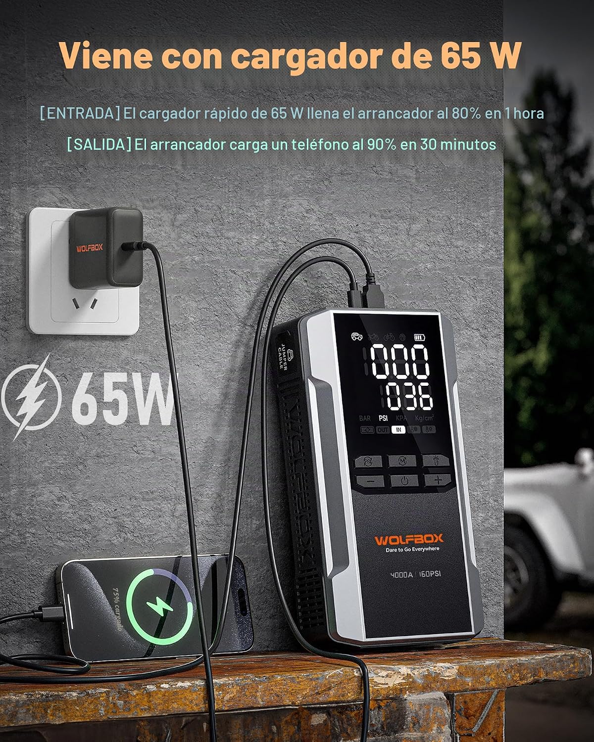 WOLFBOX arrancador del salto 4000A con el compresor de aire, caja portátil