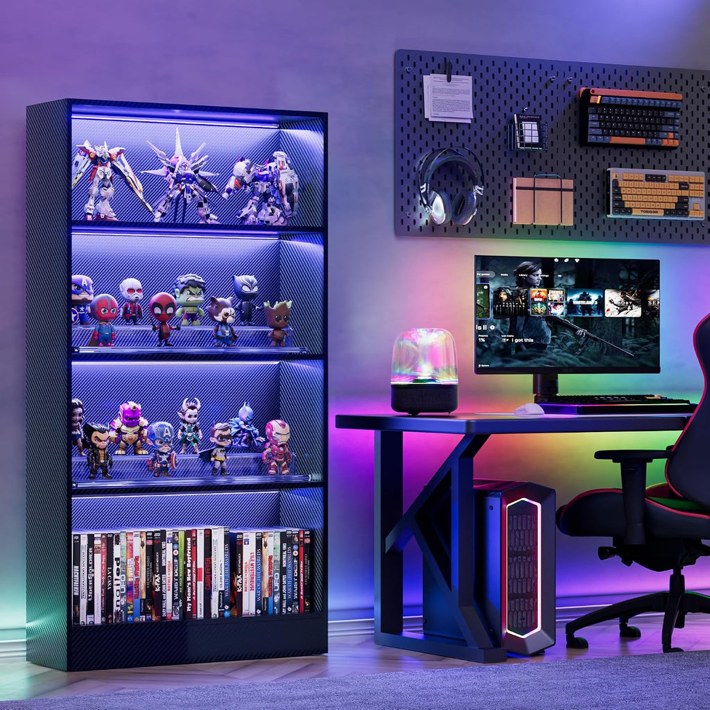 CODACE Estantería alta de madera negra de 4 niveles - Vitrina con luces LED