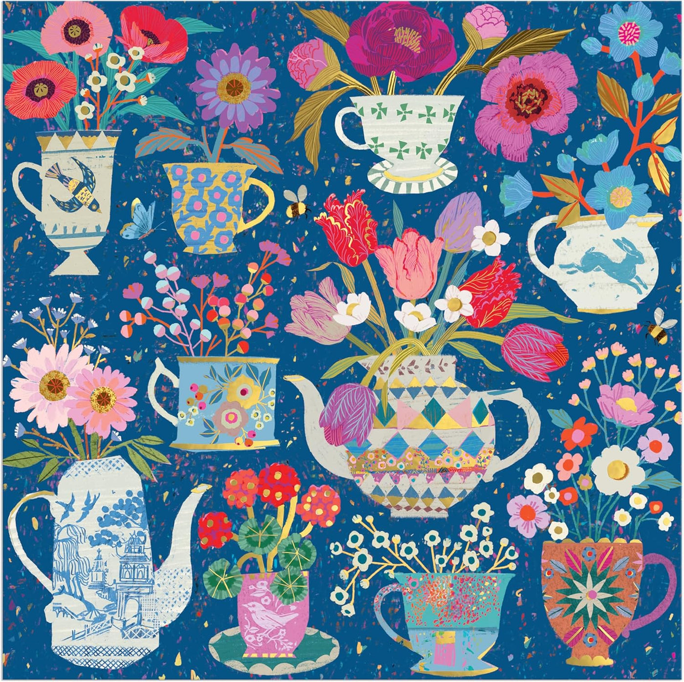 Galison Tazas de té en maceta, rompecabezas de 500 piezas de papel de aluminio con hermosas ilustraciones de tazas de té en maceta con fondo floral