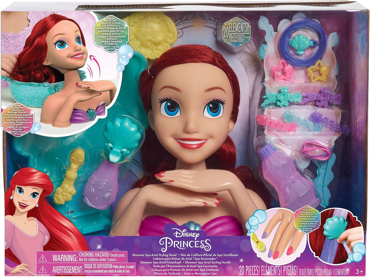 Disney Princess Shimmer Spa Ariel - Cabezal de peinado de 8 pulgadas, 20 piezas, pelo rojo, juego de simulación, juguetes para niños a partir de 3 años Just Play