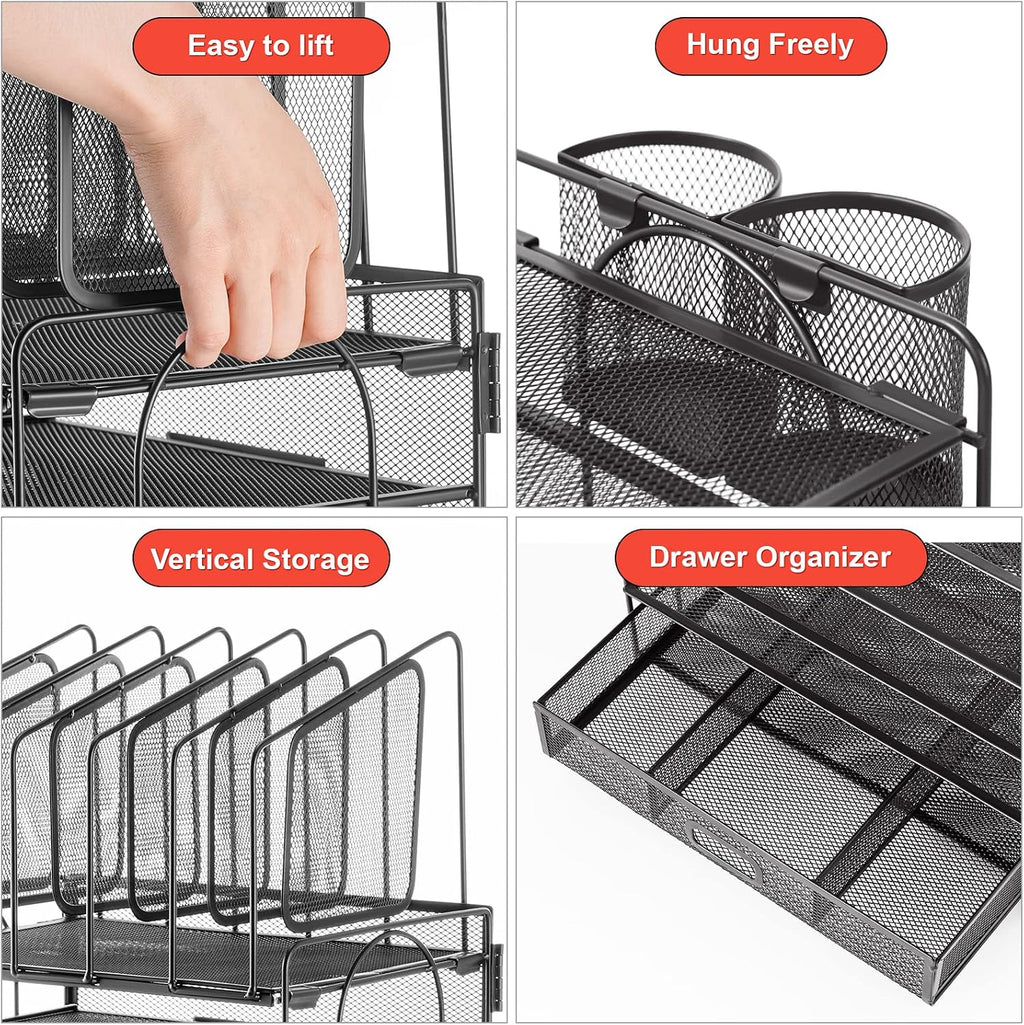 Lámpara Marbrasse Desk organizer with Drawer, 4-Tier Mesh File Organizer with 5 Vertical File Holders and 2 Pen Holders, Multifunction Desktop Organizer,Desk Organizers and Accessories for Home Office