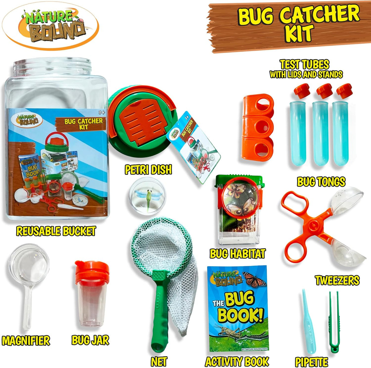Nature Bound Kit de atrapa insectos – Juego de 20 piezas de exploración al aire libre para niños – educativo y divertido – captura y liberación segura de insectos con cubo, red, lupa y más – Gran regalo para jóvenes exploradores