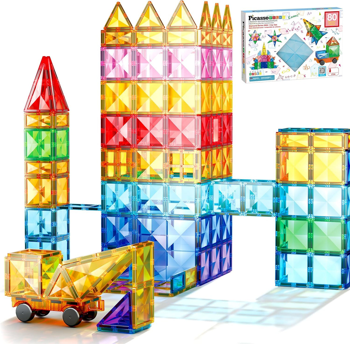 PicassoTiles Juego de 80 piezas de azulejos magnéticos, juego de