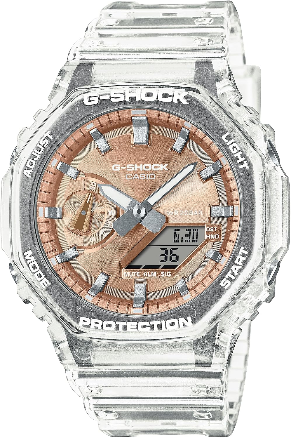 Casio G-Shock GA2100BM-7A5 - Reloj octagonal de resina translúcida con esfera de oro rosa