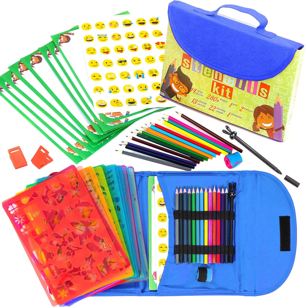 Juego de plantillas de dibujo para niños (55 piezas) – Artes y manualidades para niñas y niños – El mejor regalo para niños – Kit de creatividad ideal y actividad de viaje con más de 300 formas (azul)
