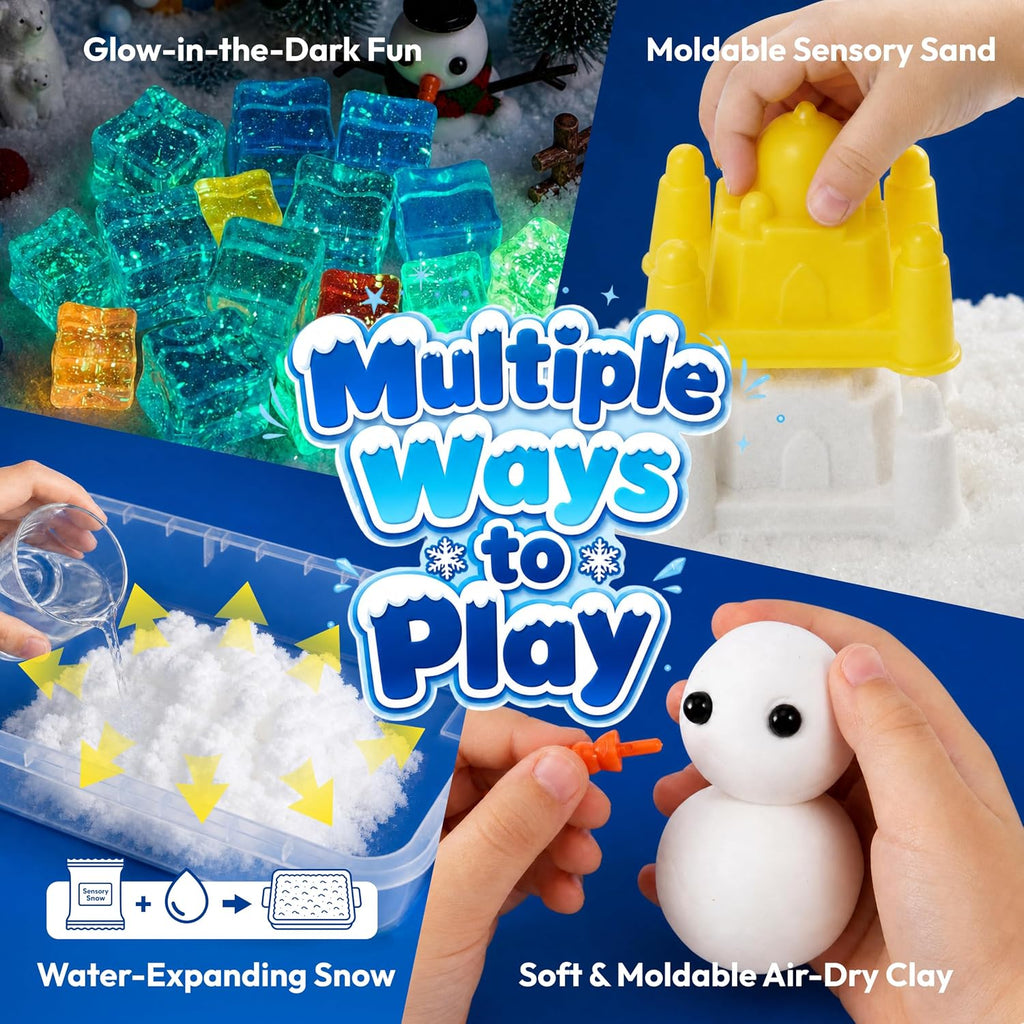 JOVA Klever Kits - Contenedor sensorial de nieve para niños, con piedras que brillan en la oscuridad, kit de nieve falsa del mundo de invierno con figuras de animales árticos