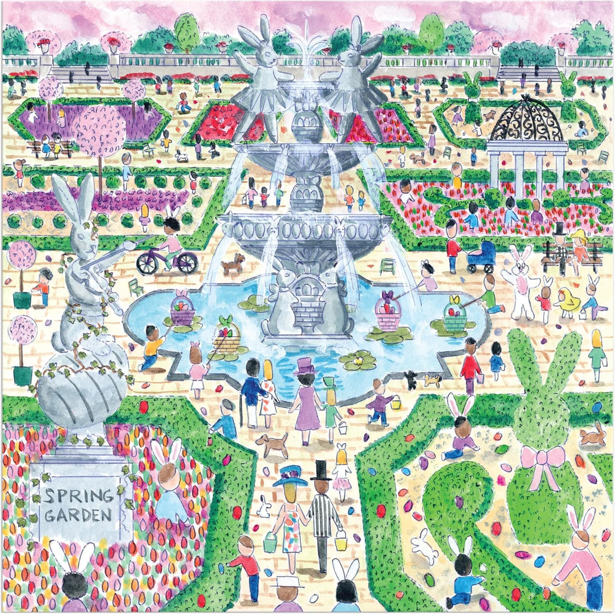 Galison Spring Egg Hunt - Rompecabezas de 500 piezas de Michael Storrings con hermosas obras de arte de una búsqueda de huevos de jardín de Pascua y primavera