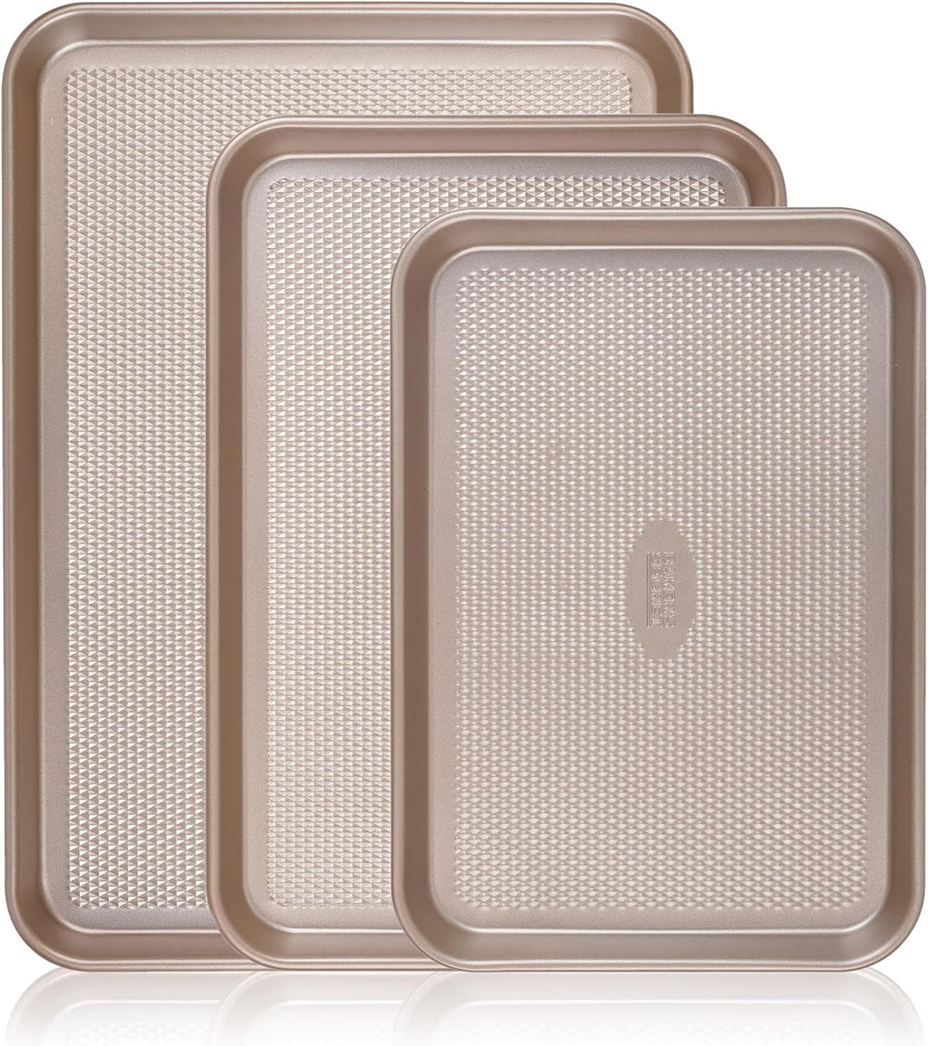 Juego de Bandejas para Hornear Baker's Secret, 3x Hojas para Galletas para Horno, Textura de Diamante Premium Flujo de Aire, Juego de 3 Bandejas para Hornear, Extra Gruesas de 0.6mm con Base de