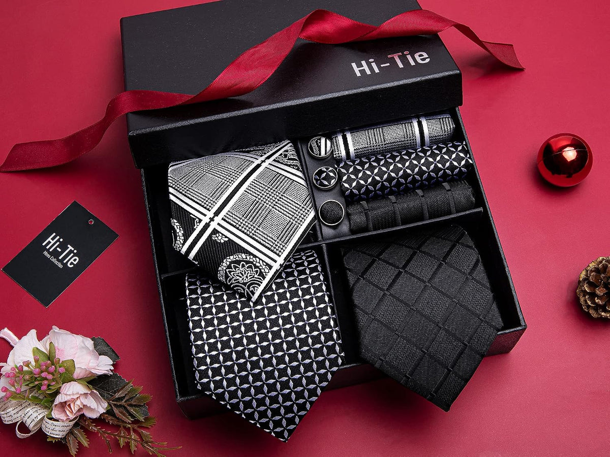 Hi-Tie - Juego de 3 piezas para hombre, incluye corbata, pañuelo de bolsillo, gemelos y pin de solapa, colección de corbata de seda