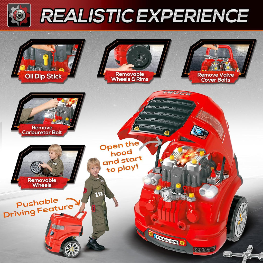 Qaba Camión motor juguete con luces, sonidos, volante para niños 3+, rojo