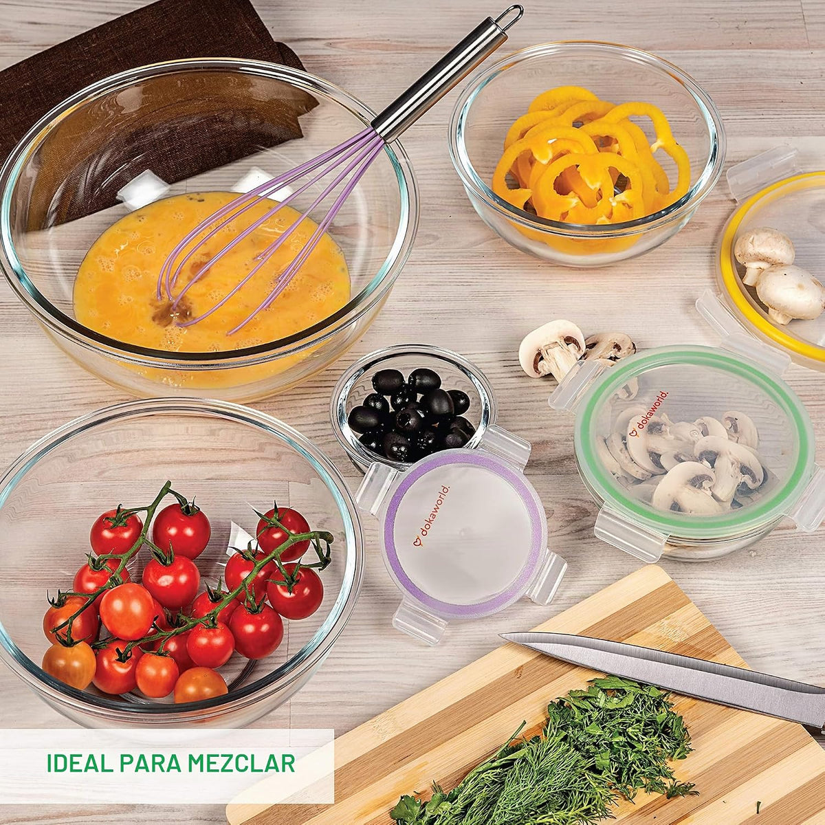 Juego de 5 cuencos de vidrio anidables apilables que ahorran espacio con tapas sin BPA para preparación de alimentos, almacenamiento, hornear, mezclar y cocinar, aptos para microondas