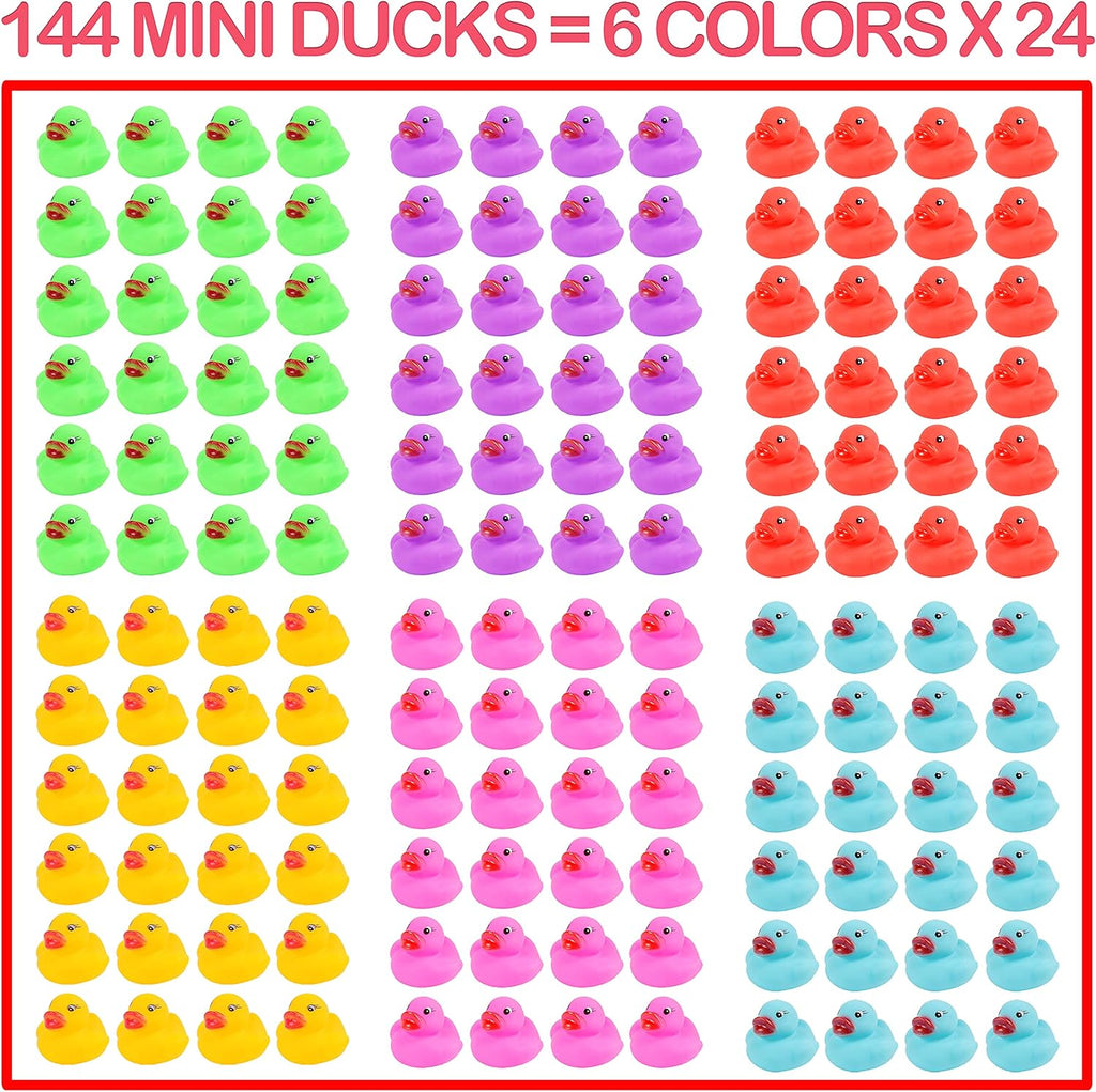 Paquete de 144 mini patos de goma, mini patitos de goma coloridos para el baño, flotan y chirriantes, juego de juguetes de piscina para recuerdos de fiesta, suministros de fiesta de cumpleaños