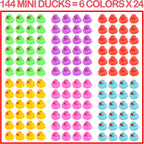 Paquete de 144 mini patos de goma, mini patitos de goma coloridos para el baño, flotan y chirriantes, juego de juguetes de piscina para recuerdos de fiesta, suministros de fiesta de cumpleaños