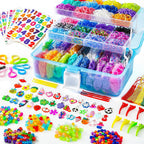 INSCRAFT Más de 17500 bandas de goma con contenedor azul de 3 capas, 28 colores, 600 clips en S, 352 cuentas, 40 colgantes de dibujos animados, kit de repuesto para hacer pulseras para niños