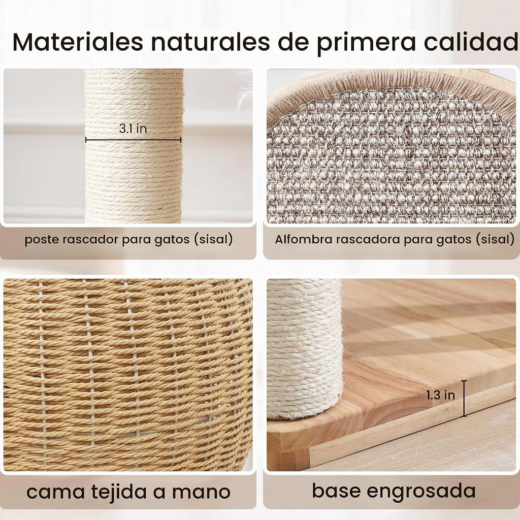 Árbol de gato moderno, torre para gatos con poste rascador, nidos y cestas de calabaza tejidas a mano, manta de sisal