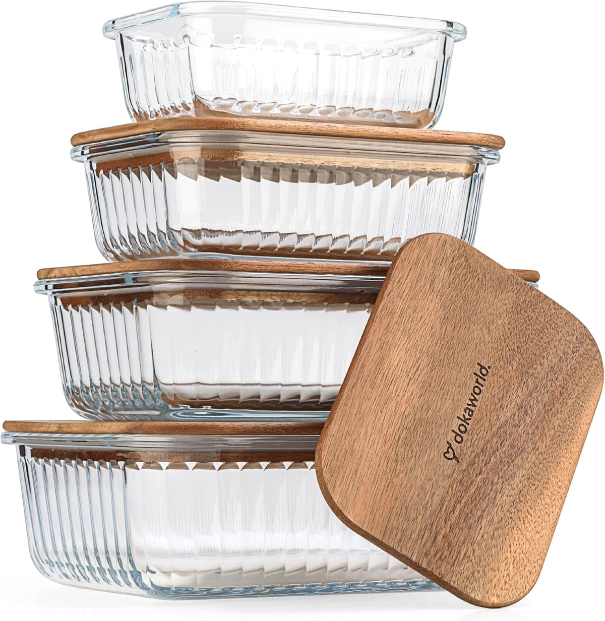 Juego de 4 cuencos de vidrio apilables que ahorran espacio y se anidan con tapas herméticas de acacia para almuerzo, comidas y preparación de alimentos, aptos para microondas y horno, sin