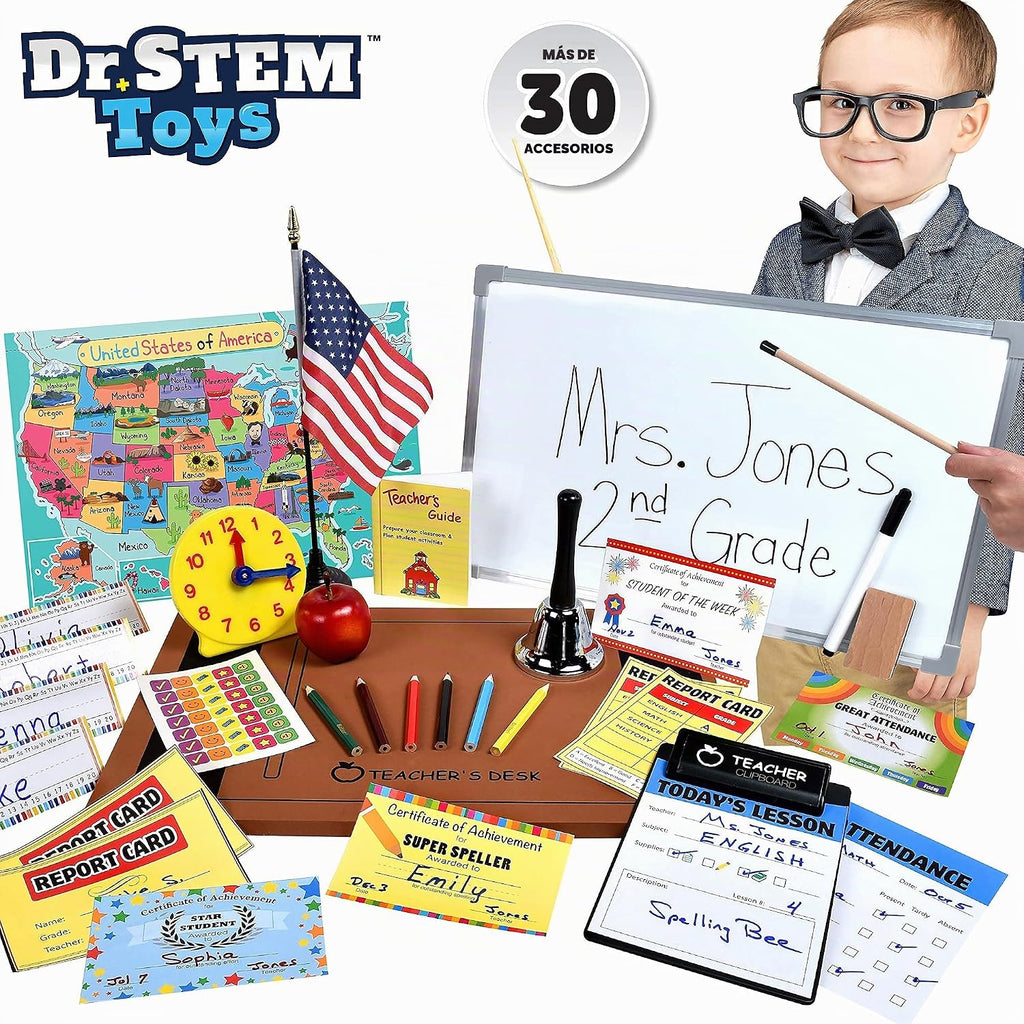 El juego de rol para profesores incluye pizarra blanca reutilizable, campana, tarjetas de calificaciones, para el hogar o el aula, más de 30 piezas incluidas, regalo para niños, juego completo