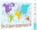 Mapa del mundo colorido con banderas y mayúsculas + 50 datos interesantes – Póster de arte de pared XL para el hogar y el aula – Educativo para niños y adultos