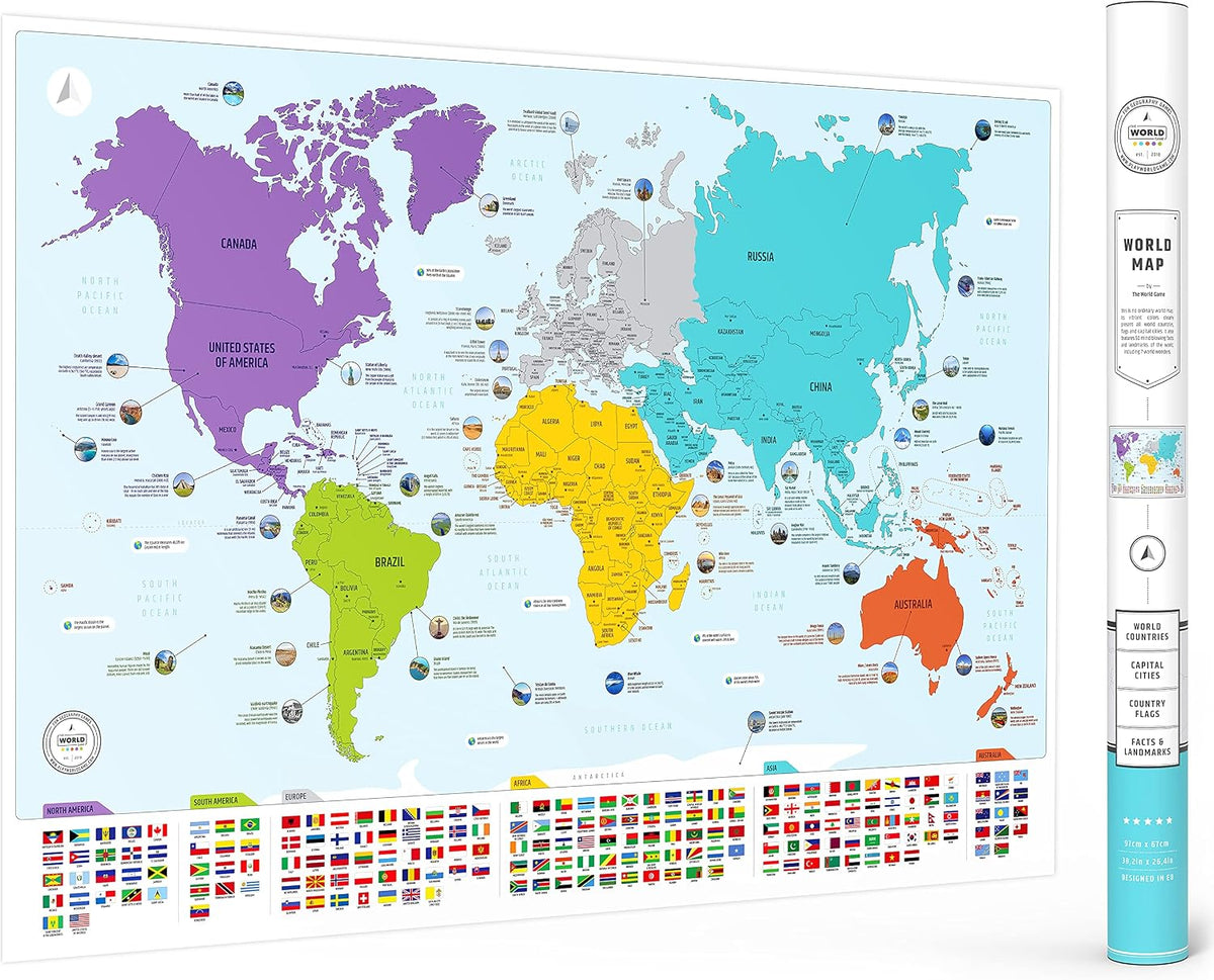 Mapa del mundo colorido con banderas y mayúsculas + 50 datos interesantes – Póster de arte de pared XL para el hogar y el aula – Educativo para niños y adultos