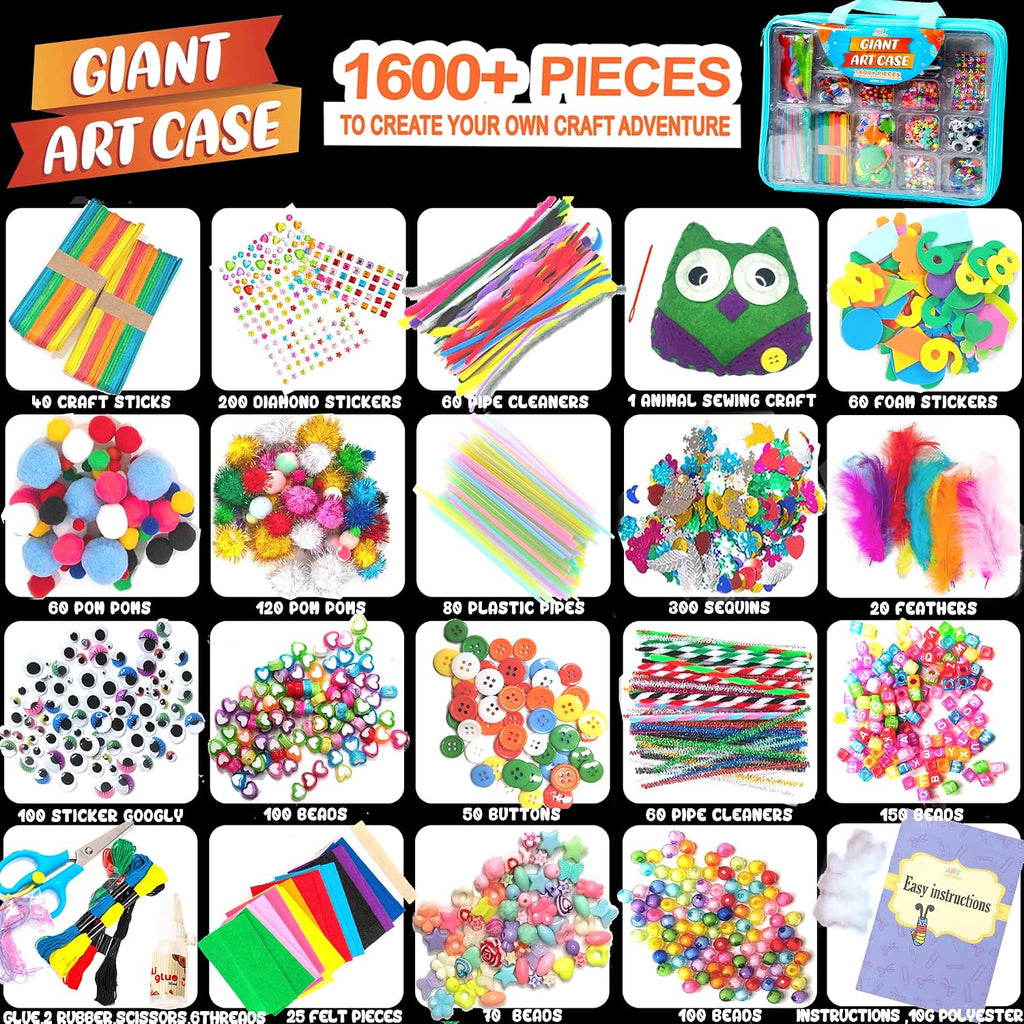 Suministros de artes y manualidades para niños, más de 1600 piezas de kits de manualidades para niños, proyecto de manualidades escolares de bricolaje para niños de 4, 5, 6, 7, 8 a 12 años, regalos de Navidad para niñas y niños, manualidades para niñas de